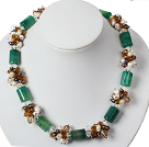 White Pearl Crystal and Cylinder Shape Green Agate Necklace