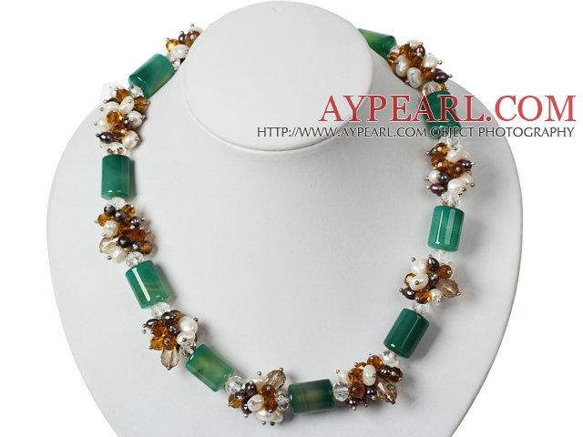 White Pearl Crystal and Cylinder Shape Green Agate Necklace