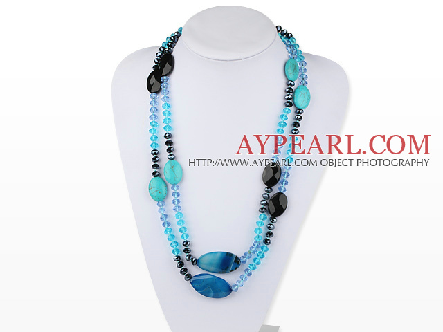 51.2 inches long style peaceful blue agate turquoise and crystal necklace