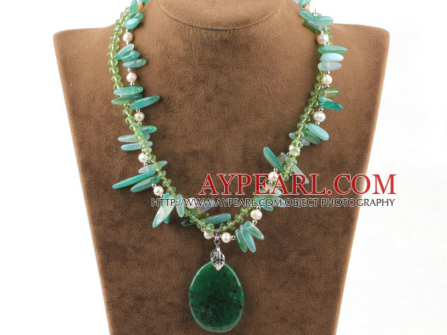 double strand white pearl rutilated green agate crystal necklace
