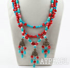 Wholesale New Design Three Strands Red Coral and Turquoise Necklace