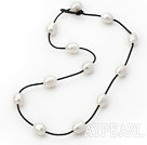 Single Strand 11-12mm White Freshwater Pearl Necklace with Black Leather