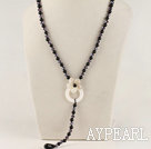 Y shape 19.7 inches crystal black agate necklace with white shell flower