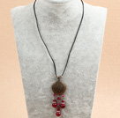 Simple Retro Style Chandelier Shape Rose Red Agate Beads Tassel Pendant Necklace With Black Leather