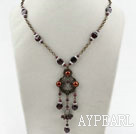 Vintage Style Brown Pearl and Garnet Necklace with Bronze Chain