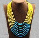 Multi Strands Multi Layered 4-5mm Yellow and Blue Plastic Seed Necklace