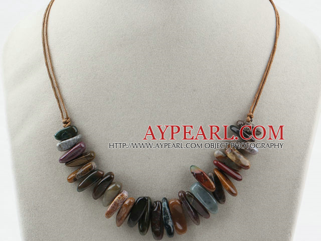 Simple Style Long Teeth Shape Indian Agate Necklace with Brown Thread