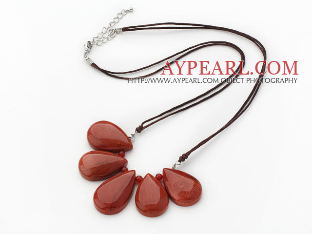 Nice Fan Shape Red Jasper Necklace With Brown Cords And Extendable Chain