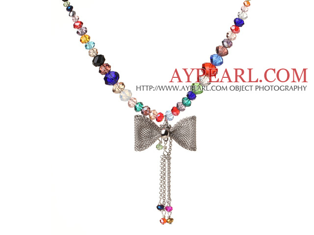 New Lovely Design Faceted Multi Color Manmade Crystal Pendant Necklace with Cute Bow Pendant