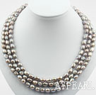 Three Strands 8-9mm Gray Baroque Pearl Necklace with Shell Flower Clasp