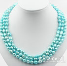 Three Strands 8-9mm Lake Blue Baroque Pearl Necklace with Shell Flower Clasp
