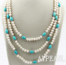 Three Strands White Freshwater Pearl and Turquoise Necklace with Turquoise Clasp