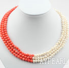 Three Strands 5-6mm Round White Freshwater Pearl and Red Coral Necklace