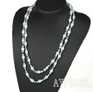 Long Style White Freshwater Pearl and Blue Crystal Necklace