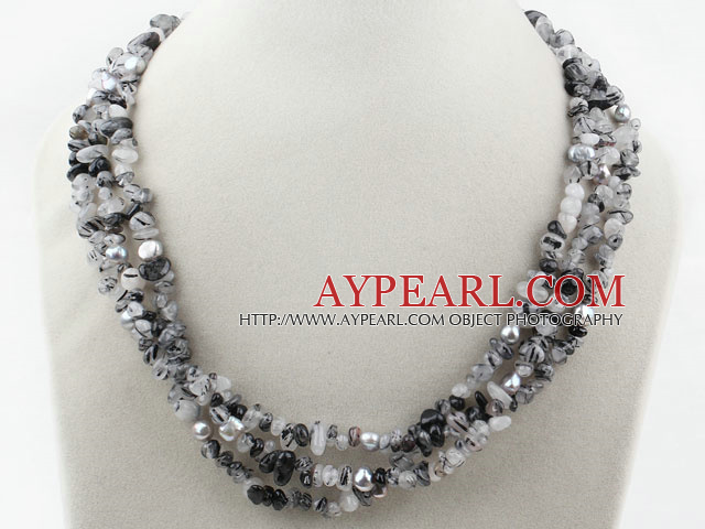 Gray Series Multi Strands Fillet Black Rutilated Quartz and Gray Freshwater Pearl Necklace