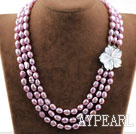 Three Strands Purple Baroque Pearl Necklace with Shell Flower Clasp