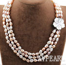 Three Strands White Pink Purple Baroque Pearl Necklace with Shell Flower Clasp