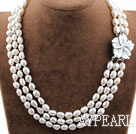 Three Strands White Baroque Pearl Necklace with Shell Flower Clasp