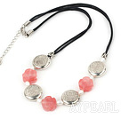 Wholesale Fashion White Freshwater Pearl And Cherry Quartz Flower Caky Metal Charm Necklace With Black Cords