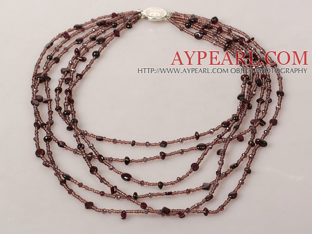 Multi Strands Crystal and Garnet Necklace