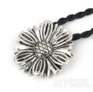 Simple Style Flower Shape Tibet Silver Pendant Necklace With Twisted Black Cord