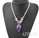Wholesale Elegant Clustered White Pink Purple Pearl Mixted Crystal And Crystallized Agate Pendant Necklace