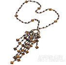 Fashion Loop Chain Style Round Garnet And Square Tiger Eye Stone Pendant Necklace, Y Shape Necklace