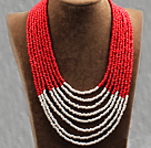 Multi Strands Multi Layered 4-5mm Red and White Plastic Seed Necklace