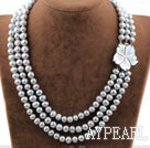 Three Strands Gray Freshwater Pearl Necklace with Shell Flower Clasp