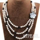 Three Strands White Freshwater Pearl and Black Agate Necklace with Shell Flower Clasp