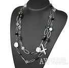 long style white crystal and black agate and howlite necklace with metal loop