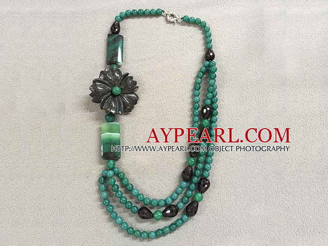 Graceful Multi Strand Green & Black Agate Flower Necklace (Flower can be a Brooch)