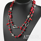 Nice Long Chain Loop Style Assorted Red Coral Strand Necklace, Sweater Necklace