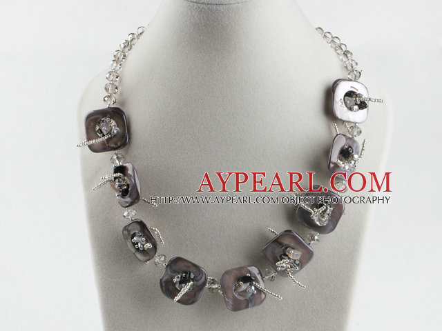 single strand gray crystal and shell necklace