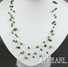 Nice Three Strand Green Freshwater Pearl Hand Wired Threads Necklace With Lobster Clasp