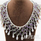 Big Style Elegant Style White Freshwater Pearl and Amesthyst and Prehnite Woven Necklace