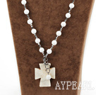 White Sea Shell and Gray Silver Color Crystal and Howlite Cross Pendant Necklace