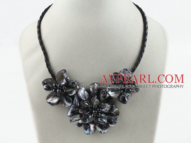 Three Pieces of Black Pearl Shell Flower Necklace