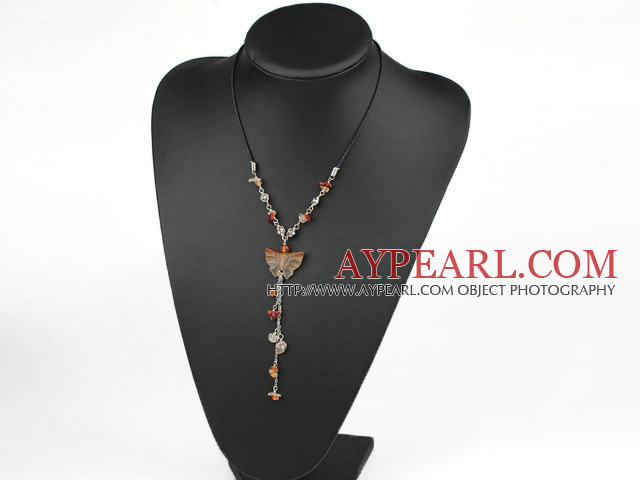 Beautiful Mixed Round Butterfly Agate Chips And Flower Charm Pendant Necklace, Y Shape Necklace