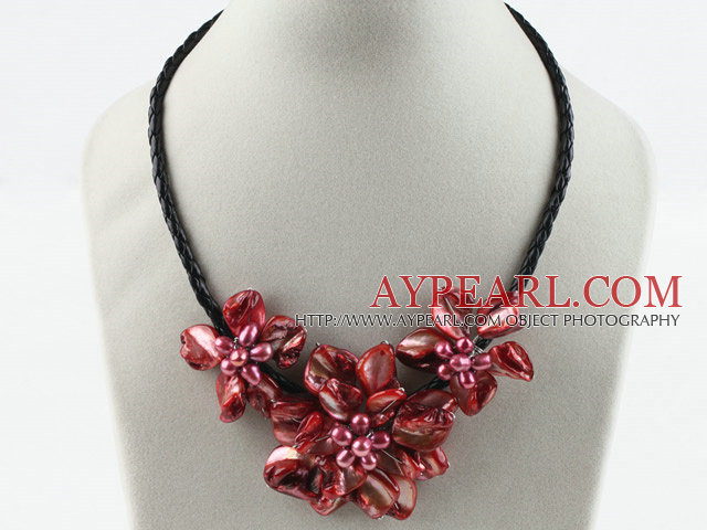 Three Pieces of Red Shell Pearl Flower Necklace