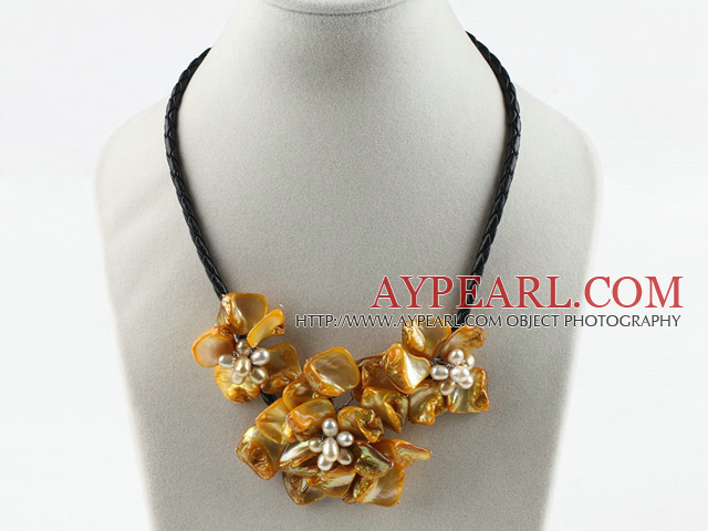 Three Pieces of Orange Pearl Shell Flower Necklace