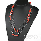 red coral white pearl necklace with metal loop