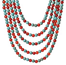 Wholesale New Gorgeous Five Strands Round Carnelian and Blue Turquoise Beaded Necklace