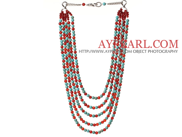 New Gorgeous Five Strands Round Carnelian and Blue Turquoise Beaded Necklace