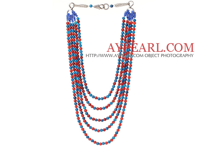 New Gorgeous Five Strands Round Blue Agate and Carnelian Beaded Necklace