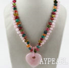 Wholesale Two Strands Rose Quartz and Multi Color Quartz Necklace with Heart Shape Pendant