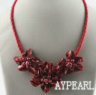 pearl and dyed red shell flower necklace with magnetic clasp