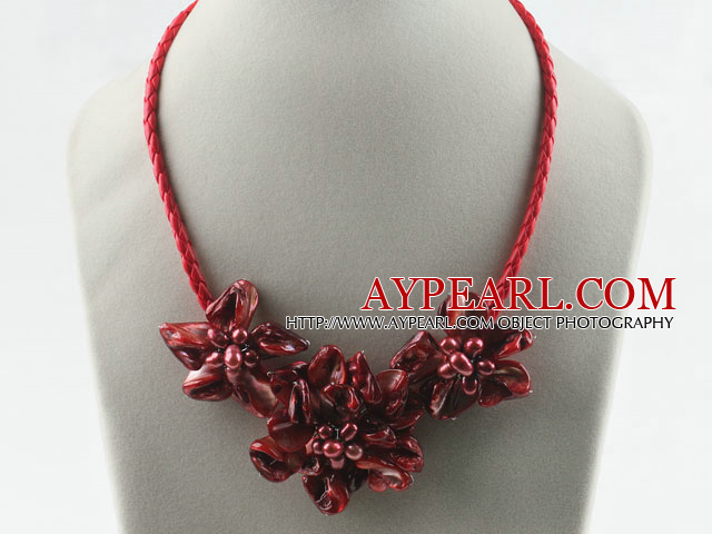 pearl and dyed red shell flower necklace with magnetic clasp