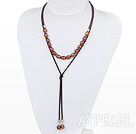 Simple Design Brown Screw Freshwater Rice Pearl Necklace with Light Brown Cord