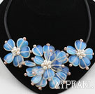Wholesale Heart Shape Opal Flower Necklace with White Pink Freshwater Pearl and Lether Cord